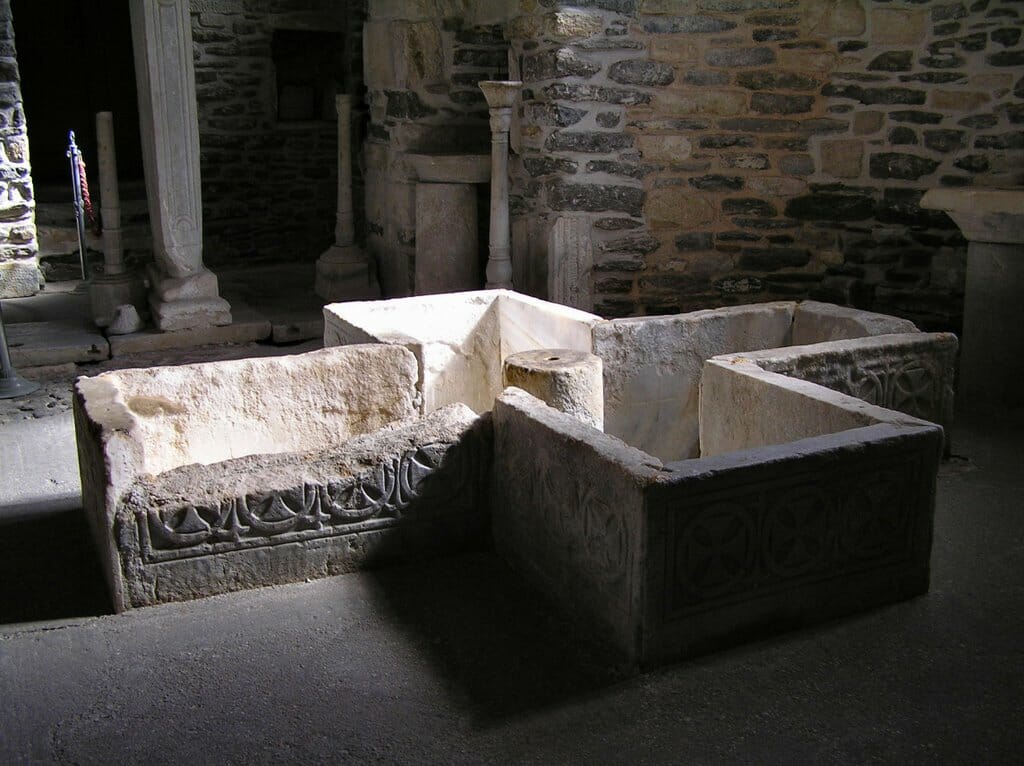 11th century baptismal font.  Panagia Ekatontapyliani cathedral in Paroikia on the island of Paros.