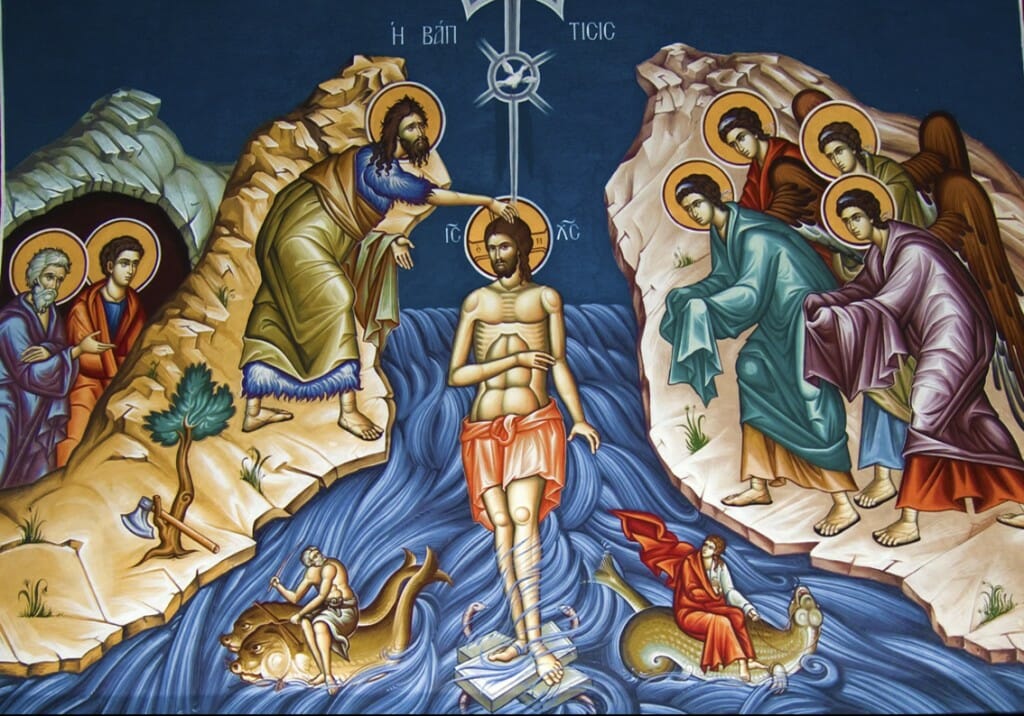 Contemporary icon of the baptism of Christ showing dragons and foreign gods in the lower waters. 