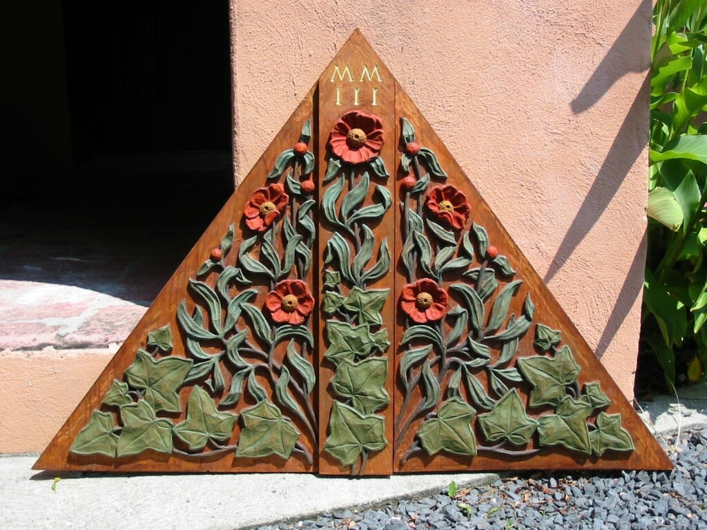 Gable panel for the entry porch of a new house, carved in white pine and painted by Andrew Gould