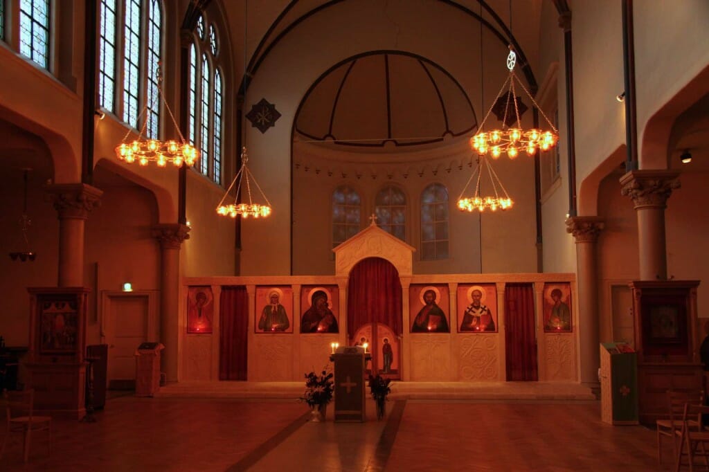 St Nicholas Russian Orthodox Church, Amsterdam, showing the effect of the coloured glass bowls on the lighting.