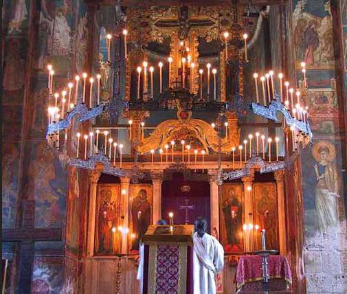 Decani monastery, 14th century, Serbia, showing the emphasis that traditional lighting places on the icons.
