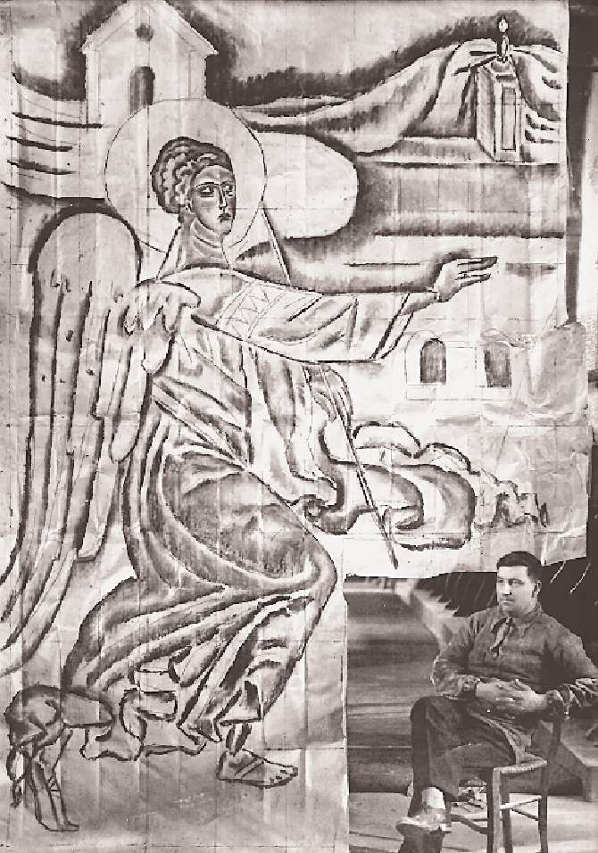Spyros Papaloukas in front of a large scale drawing at the Amphissa Cathedral