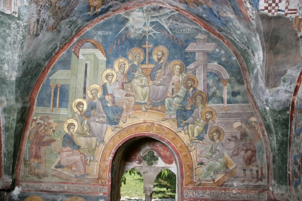 Serbian Fresco with a wonderful use of the door of Jerusalem which now leads literally outside the Church. 
