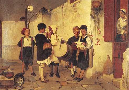 A painting depicting traditional Christmas carolers in Greece