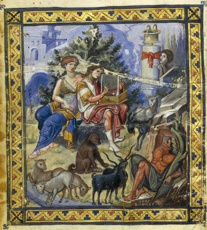 David Composing the Psalms,  Paris Psalter, c. 900 C.E. Bibliothèque nationale de France, Paris. The  manuscript contains 449 folios and 14 full-page miniatures. This illumination is an example of the kind of   of work produced during the Macedonian Renaissance of the 10th cent. During this period  there was a revival of the ancient Greek culture concerning literature, arts and education.  In painting, particularly, we can distinguish the revival of a Hellenistic  or Classical style. 