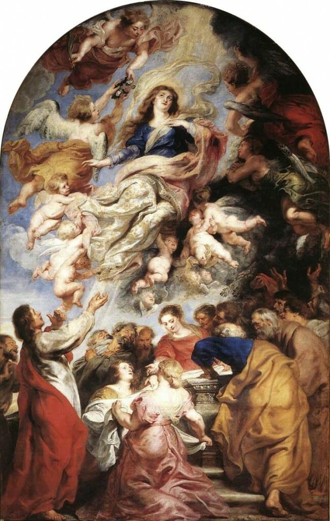 Assumption of the Virgin, by Peter Paul Rubens,1626. Oil on panel 190 in × 128 in. Cathedral of Our Lady, Antwerp.   A classic example of Baroque illusionism.