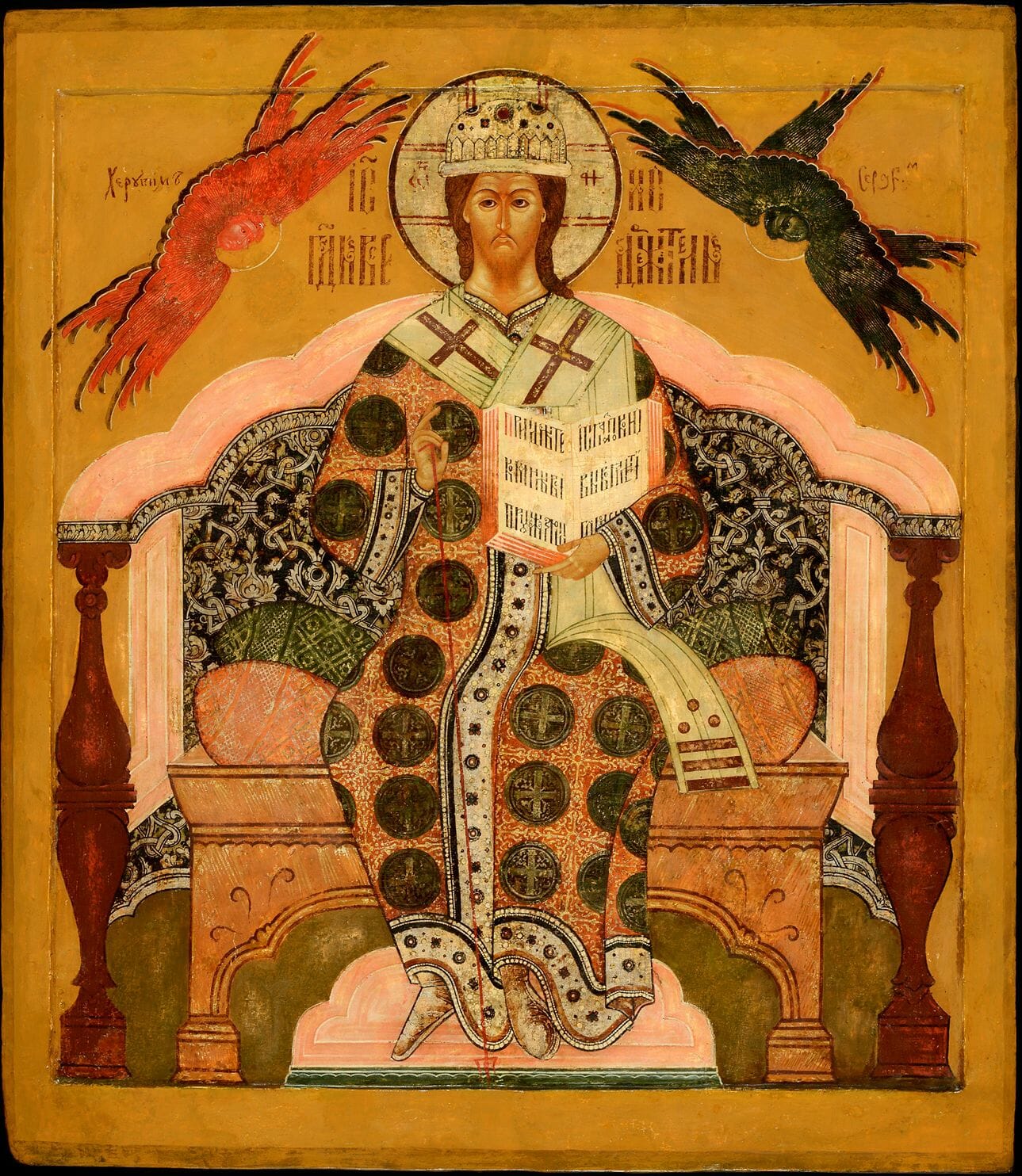 Christ Enthroned as High Priest, Russia, Kostroma region, Mid 17th cent. 98 x 85 cm. Collection: Jan Morsink Ikonen, Amsterdam, The Netherlands. A good example of a style that leans more towards abstraction. 