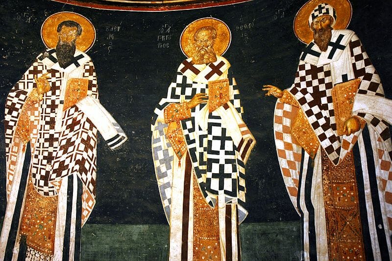 St. Basil,  St. Gregory the Theologian, and St. Cyril of Alexandria, 14th cent. Parecclesion of the Church of Chora, Constantinople. 