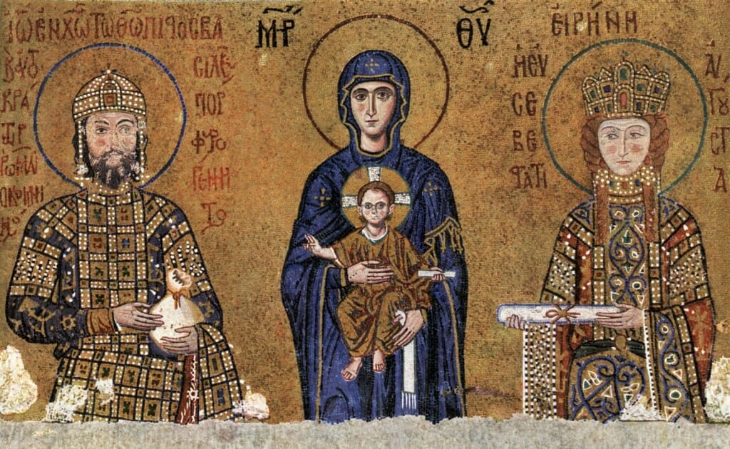 John II Comnenos and Irene Making Offerings to the Virgin and Child, mosaic in south gallery, Hagia Sophia, Constantinople.  The Theotokos palpably enters the court, whereas the rulers seems to merge into the golden heavenly light.