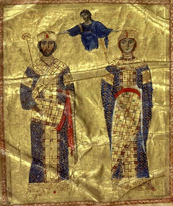 Coislin manuscript illumination of Michael VII Doukas and Maria the Alanian Crowned by Christ , from a collection of homilies of St. John Chrysostom, ca. 1072. Paris, Bibliotheque Nationale, MS. Coislin 79, fol. 2bis v.