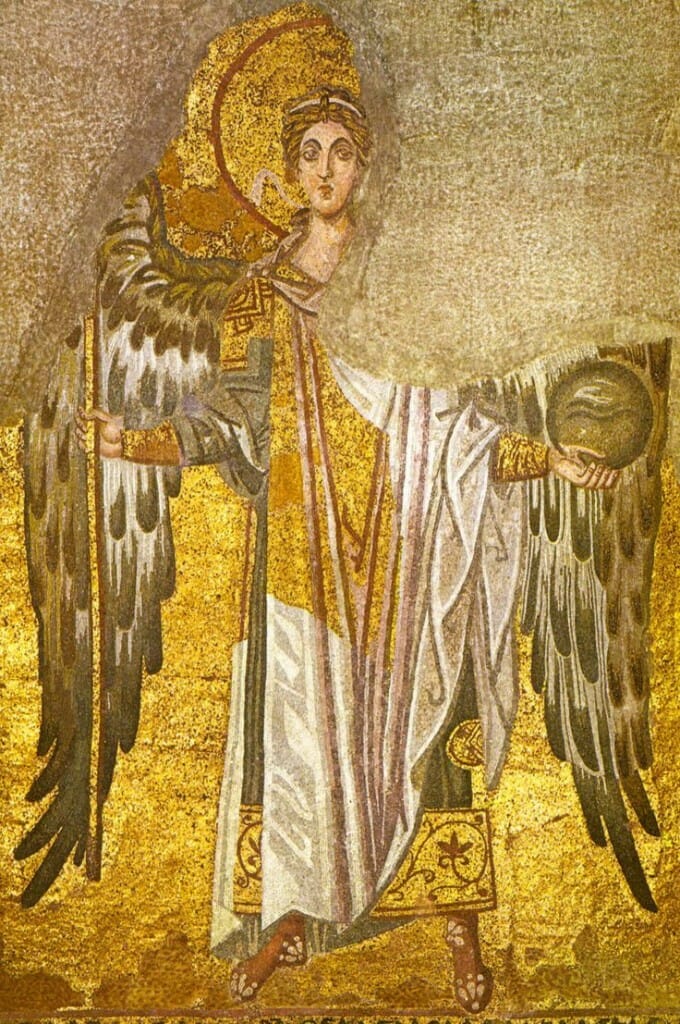 Archangel Gabriel, apse mosaic,  Hagia Sophia, 9th cent.   The solidity of  Archangel Gabriel's body seems to dissolve as the gold decoration in his garments, such as the large rectangle across his torso, becomes one with the background. In using the visual ambiguity caused by this figure/field interchange device, the iconographer captures the angel's neither here nor there status between the noetic and corporeal worlds.