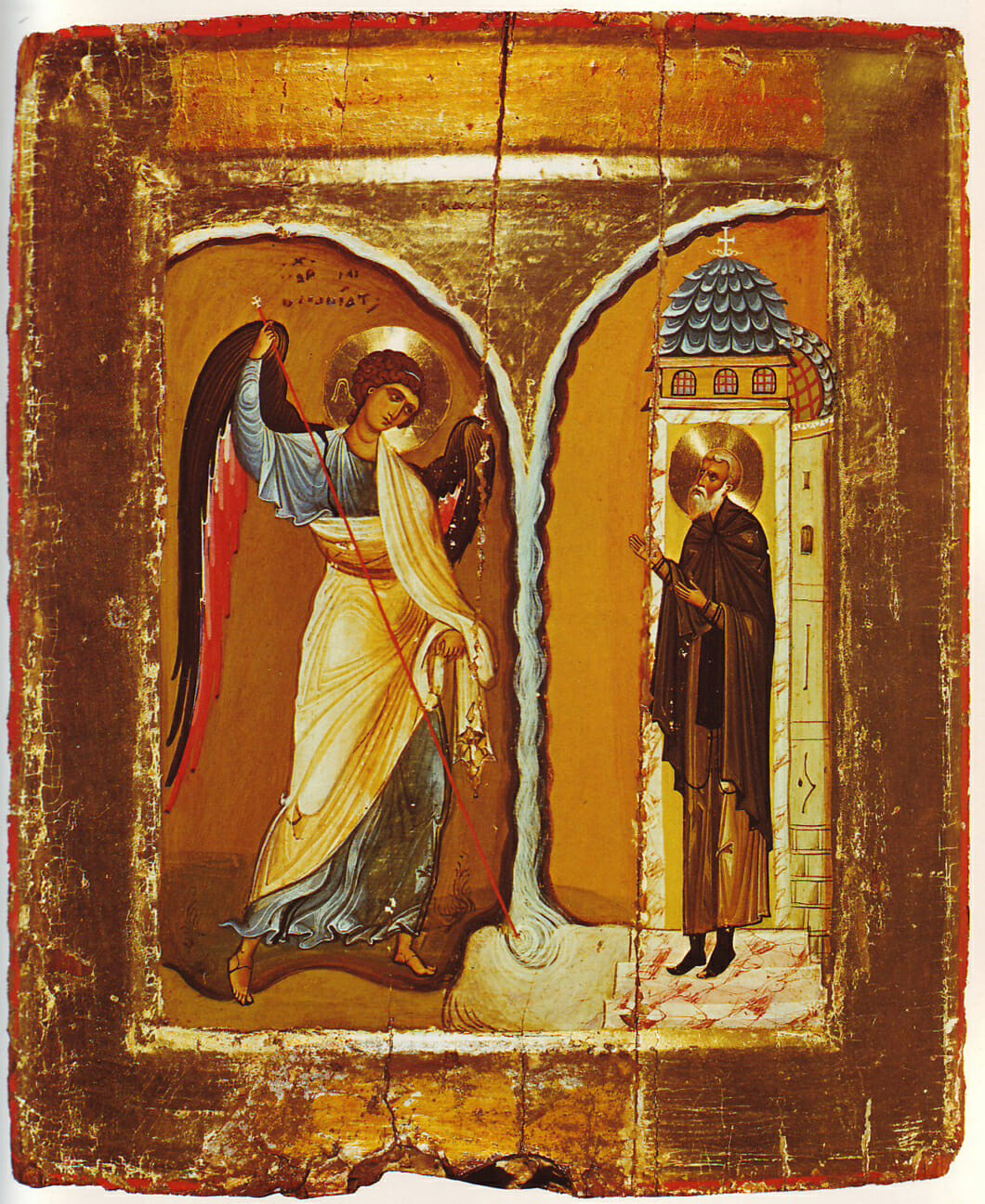 Archangel Michael and the monk Archippus at Chonae. St. Catherine's Monastery Sinai. First half of the 12th century. 37.5 x 30.7 cm. In this icon we can clearly see the employment of two formal tendencies. On the one hand, the angel is depicted in swift movement, classical gracefulness and corporeality. On the other hand, St. Archippus is depicted more abstractly, utterly flat and still, as firm as the stone church behind him. The bodiless angel takes on form as he executes his task, whereas the bodily man becomes as if incorporeal in the attainment of dispassion. 