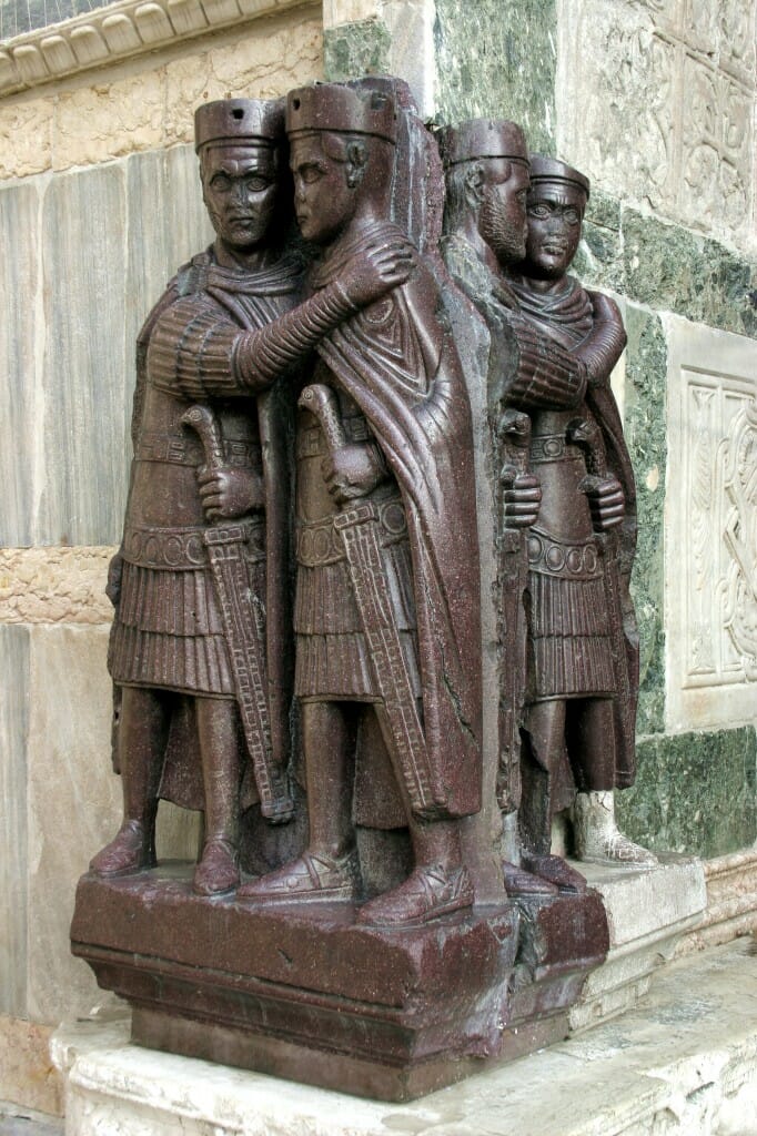 The Tetrarchs, porphyry sculpture, ca. 300 AD. Sacked from the Byzantine Philadelphion palace in 1204, Treasury of St. Marks, Venice.