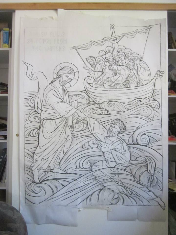 Final scaled drawing. The level of water on St-Peter will still change in the final carving. 