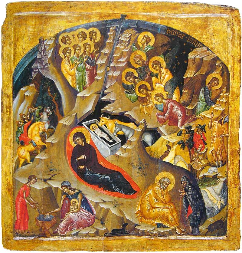 Nativity, Byzantine, first quarter of the 15th cent., tempera and gold on wood, priming on textile, 25 7/8 in. x 25 in., Rena Andreadis Collection, Athens.