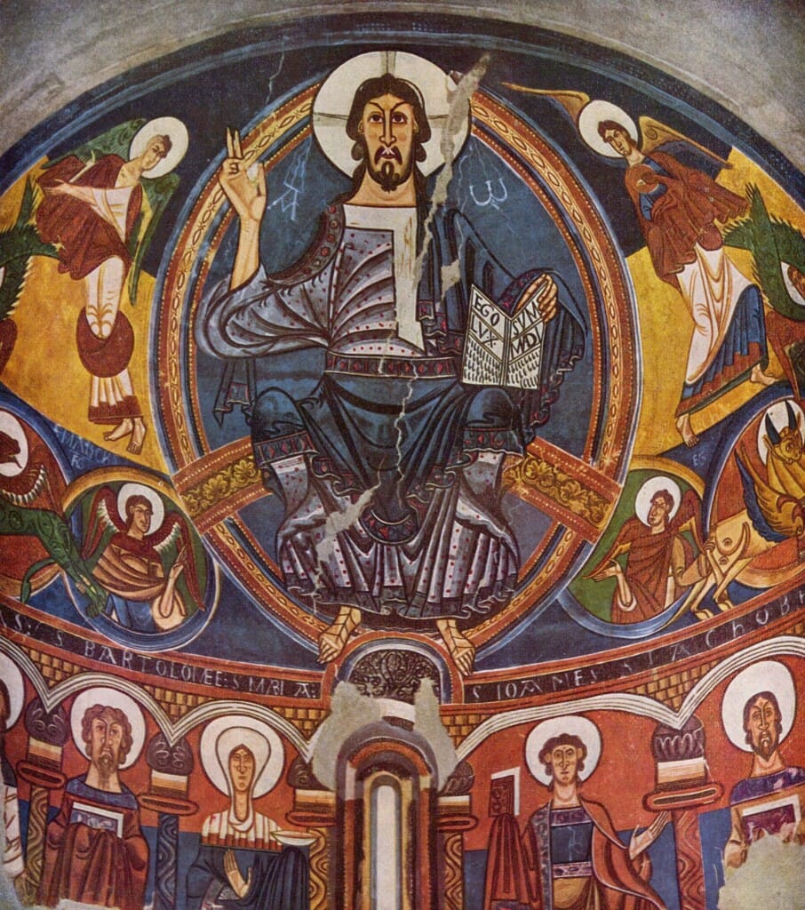 Christ in Majesty, Apse of Sant Climent de Taüll (Catalan: Absis de Sant Climent de Taüll), fresco, ca. 1123. National Art Museum of Catalonia, Barcelona. 