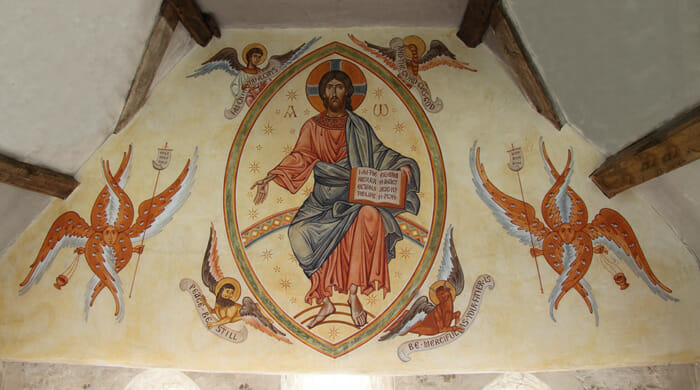 Christ in Glory, Aidan Hart, 2012. Secco, The Greek Orthodox Church of the Holy Fathers, Shrewsbury, England. In this Christ in Glory we find a combination of Byzantine and Romanesque influences. 