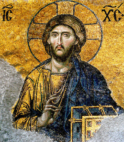 Another detail that should be taken into consideration in this work is the use of figure/field interchange as we saw it used earlier in the mosaic of the Archangel Gabriel in the apse of Hagia Sophia. This photograph is particularly effective in showing how the Lord's golden chiton visually becomes one with the reflective gold back ground. His torso is as if continues with the golden light. The golden Gospel book cover further emphasizes this ambiguity. This is indeed a very effective way of literally, through the inherent properties of the materials used, to convey the Lord as the "Light of the world." So, once again, the point is that this mosaic both conveys the Lords corporeality and his divinity through the pictorial symbolism of "dematerialization." Here is an instance of an "union without confusion or division" of naturalistic and abstract means. Christ Pantokrator, Egg Tempera on Wood, 12th cent. 40 in. x 26 in. Holy Monastery of St. Catherine, Sinai. In a recent lecture on the use of light icons, the scholar of Byzantine art Robert Nelson Robert Nelson notes that subjects in both icons and naturalistic paintings are illuminated by reflective light. However, the medieval icon functions as if its illumination is internal and self-generated, whereas naturalistic paintings of the Renaissance create the fiction that its light source is outside the painting, continuous with our world. The icon through its gold does not represent light as much as gives off light itself. Symbolically the icon treats light as both physical and divine, while naturalistic painting represents it solely as a physical phenomenon.  