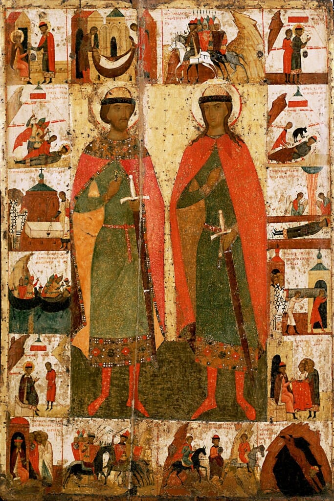 Saints Boris and Gleb with Scenes from Their Lives, 14th cent. 134 x 89 cm. From the Church of SS Boris and Gleb in Kolomna. 