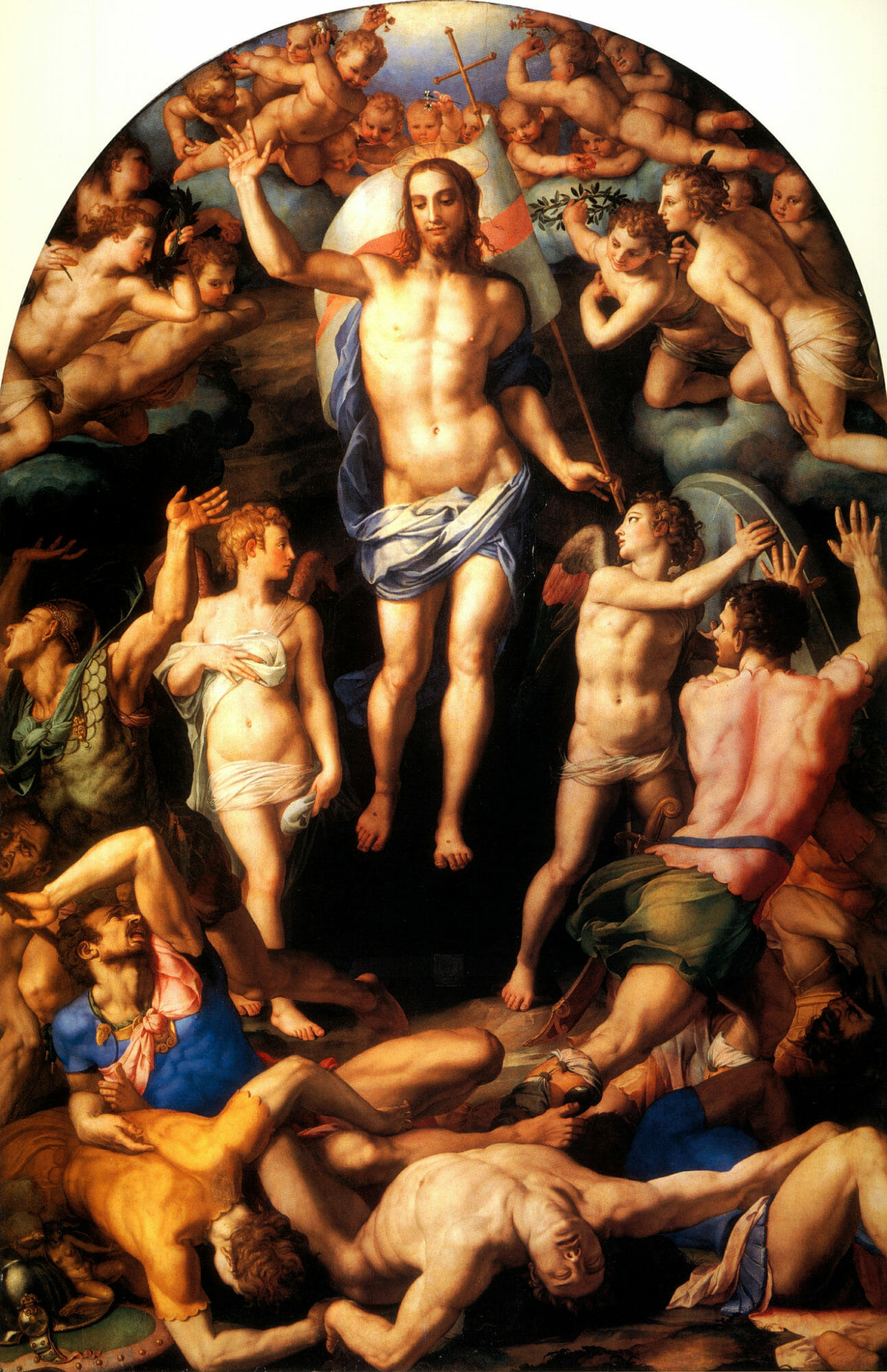  Resurrection, Agnolo Bronzino, 1549-52. Oil on panel, 445 x 280 cm. Guadagni Chapel, Santissima Annunziata, Florence, Italy. Mannerism's inappropriate sensuousness.