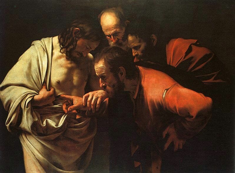 The Incredulity of St. Thomas, by Caravaggio, 1601-1602. Oil on Canvas,  42 in. × 57 in. Sanssouci, Potsdam. Proto-Baroque's crass physicality.  