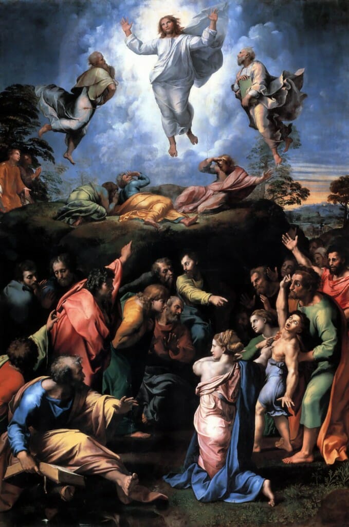 The Transfiguration, by Raphael, 1516-20. Tempera on wood, 159 in. × 109 in. Pinacoteca Vaticana, Vatican City.  Exemplary work of the High Renaissance. 