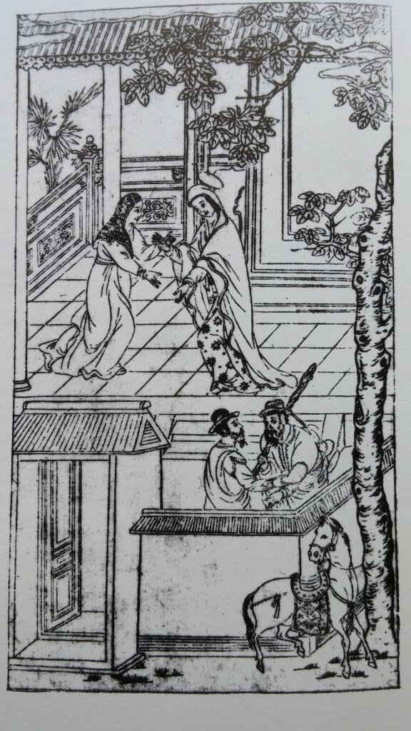 The same scene as above "in Chinese style" in Giovanni da Rocha, Metodo del Rosario, 1620.  Ironically the colonizers became colonized. Seeing that perspectival representation was not working the Jesuits opted to adopt the Chinese methods of representation. As M. Scolari notes, "For Chinese culture, parallel projection was a sort of symbolic form, profoundly rooted in a pictorial experience that knew almost no interruption until the recent past. Changing the way of seeing, and therefore of representating, meant changing the mode of thinking, which was a futile exercise as long as it was conceived in terms of a conversion from the outside. Additionally, the attempt to institute a single viewpoint contradicted the very roots of Chineese thought, in which man was not the measure of all things." ( M. Scolari, Oblique Drawing, p. 348. See note ii) 