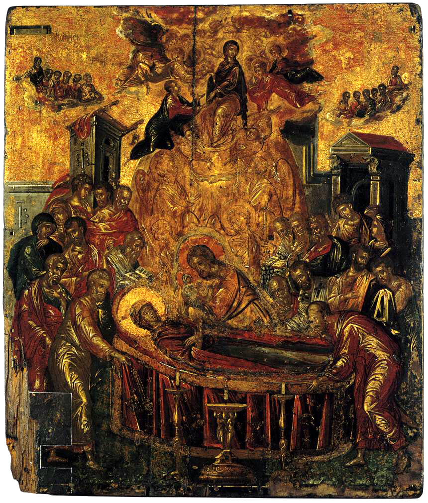 Dormition of the Theotokos, by El Greco, 1565- 1566. Tempera and gold on panel, 24.2 in × 18 in. Holy Cathedral of the Dormition of the Virgin, Hermopolis.  In this work painted towards the end of El Greco's Cretan period we see traces of Venitian Mannerism in the use of space and atmospheric effects, mainly in the depiction of the assumption of the Theotokos in the center of the composition. Nevertheless, in overall effect it predominantly retains adherence to the Byzantine models 