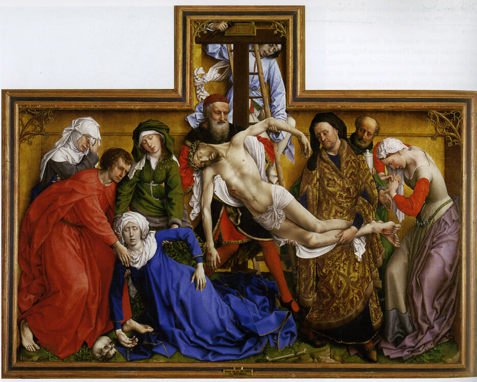 Descent from the Cross, by Rogier van der Weyden, ca. 1435. Oil on Oak panel, 220 x 262 cm. Museo del Prado, Madrid. This Early  Netherlandish work is contemporaneous to the  work shown above by Fra Angelico. Much more forceful in its emotionalism and less atmospheric than the Fra Angelico, but within the same ambit of Early Renaissance naturalism. If, on the one hand, Fra Angelico's work  retains some aspects of Byzantine influence, notice the gold halos on the figures to the left, on the other hand, Weyden's work has lost all traces of it.