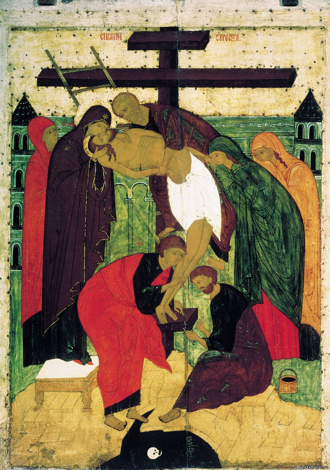 Descent from the Cross, Novgorod School, late 15th cent. Tretyakov Gallery, Moscow. Whereas volume predominates in the icon from Cyprus above, in this work flatness takes the lead. Yet, both icons are indeed more abstract than the Florentine work.  