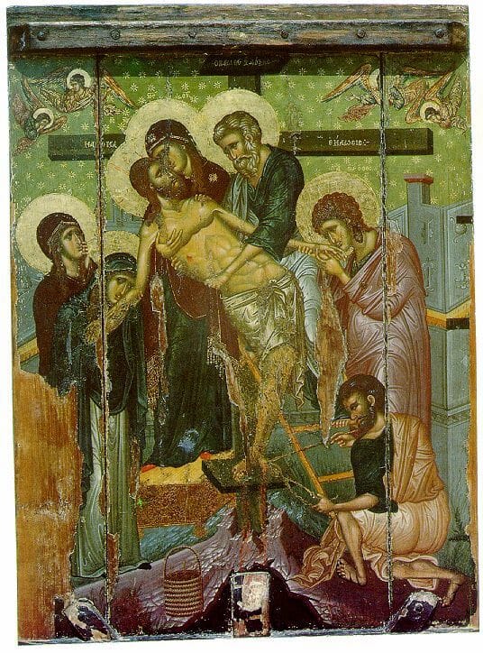 Descent from the Cross, Byzantine, 14th cent. From the Church of Saint Marina in Kalopanagiotis, Cyprus. This is the kind of image Gregory Melissenos would have been more familiar with.