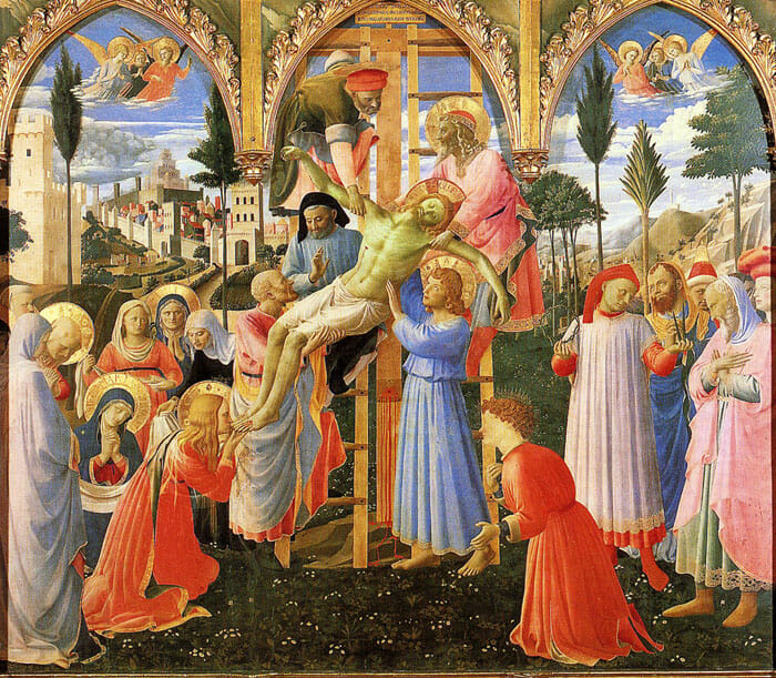 Deposition, by Fra Angelico, 1432-1434. Tempera on Panel, 69 in. × 73 in. National Museum of St. Marco, Florence. This painting was finished around four years prior to the council of Ferrara. So it gives us an idea of the kind of work Gregory Melissenos could have encountered.