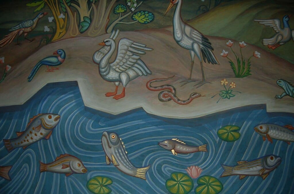 Detail of a mural depicting the Creation, on the upper gallery west wall.