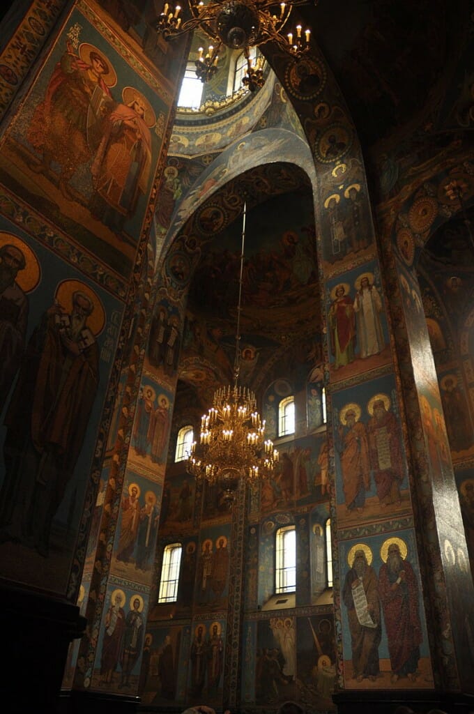 Interior of the Church of the Spilled Blood, Saint-Petersburg. begun to be built 1883 by Emperor Alexander III in memory of his father.
