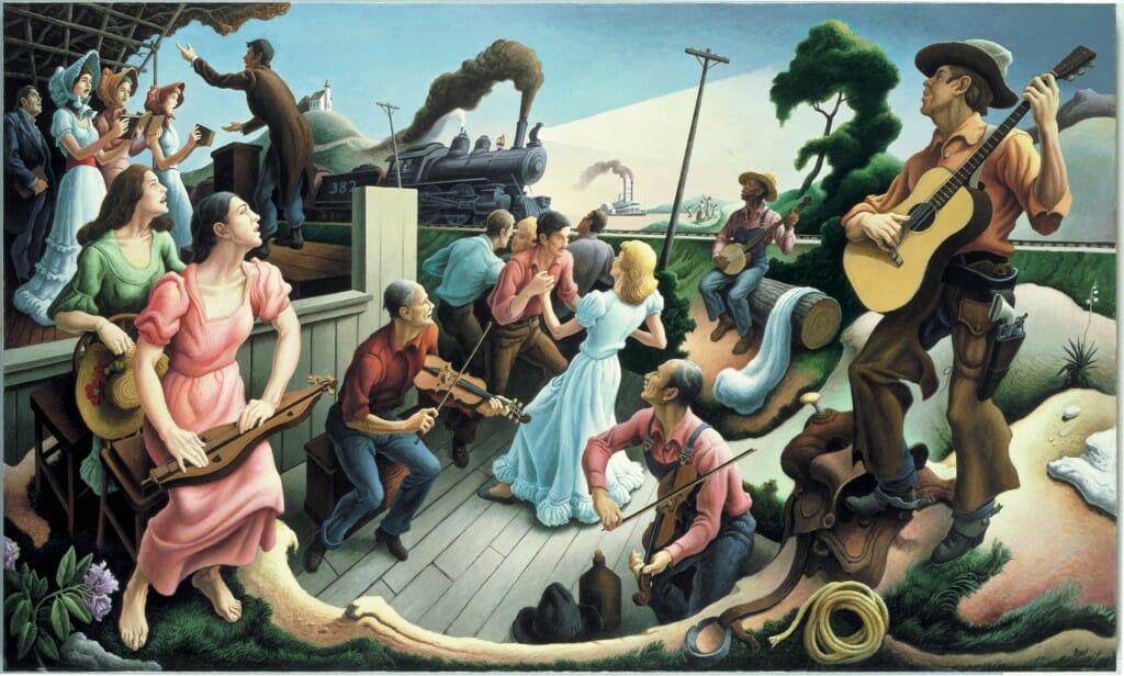 Sources of Country Music by Thomas Hart Benton.  A supreme example of American Regionalism. Benton was Pollock's teacher at the Art Student's league and Pollock often said that Benton's teaching gave him something to rebel against. 