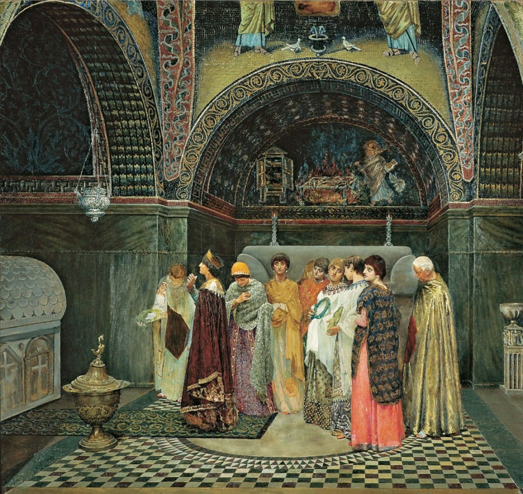19th century Romantic fascination with the Byzantine past.  Vasily Sergeyevich Smirnov, "Morning Outing of the Byzantine Empress to the Tombs of her Ancestors"  Circa 1880.