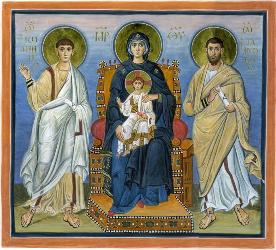 St. James and St. John with the Theotokos Enthroned. Contemporary icon by Anchimandrite Zenon.
