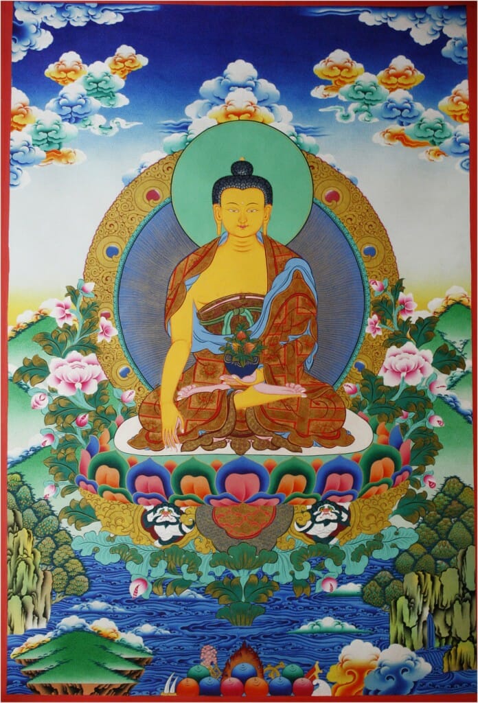 Contemporary Thangka of Buddha-Shakyamuni. Notice the transition from dark blue to light blue to yellow in the depiction of the sky. Although we do read the background as a sky, nevertheless, the way it is handled  brings it to a level that overcomes mere naturalism.