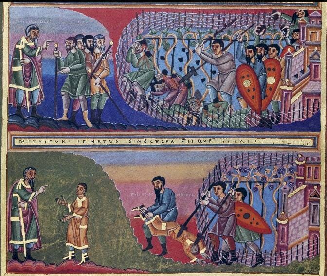 Parable of the Vine Keepers, Codex Aureus, c. 1030-1050. Germanisches Nationalmuseum, Nürnberg.