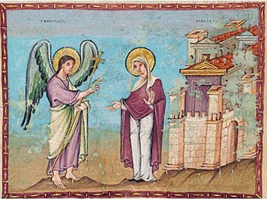 Annunciation, Codex Elberti, c. 10th cen. illumination. Ottonian.