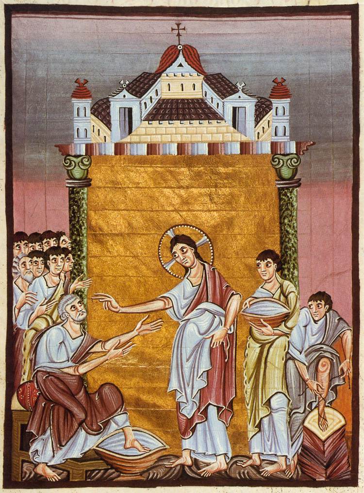Jesus Washing the feet of Peter, Gospel Book of Otto III, Tempera on Vellum, c. 1000.
