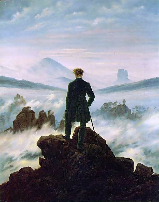 Caspar David Friedrich, Wonderer Above the Sea of Fog, c.1818. Oil-on-canvas 37.3 in × 29.4 in. Kunsthalle Hamburg, Hamburg, Germany.