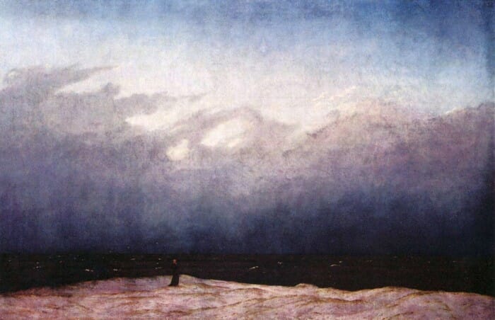 Caspar David Friedrich, Monk by the Sea, c. 1808–1810, oil on canvas. In this painting we find a classic example of the exploration of the aesthetic category of the Sublime in 19th century Romanticism. As the minuscule figure of the monk in this painting suggests, the quality of the Sublime involves an awe inspiring  and acute awareness of our seeming insignificance as we encounter the power and immeasurability of Nature. It therefore leads to pondering on that which surpasses the senses and comprehension and can even induce dread or terror. It thus involves an encounter with the numinous, -Nature as theophany. 
