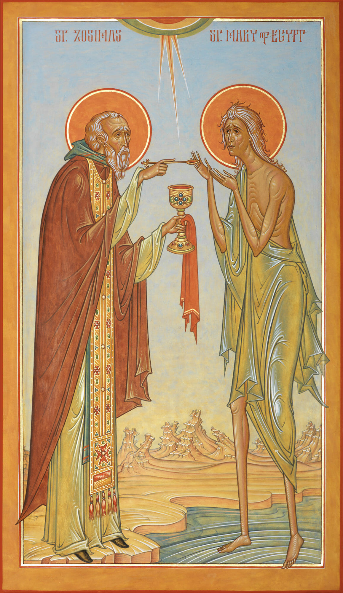 St. Mary of Egypt receiving the Holy Eucharist from St. Zosimas by Fr. Silouan Justiniano.  Egg tempera on wood, 10 7/8 in. x 19 in.