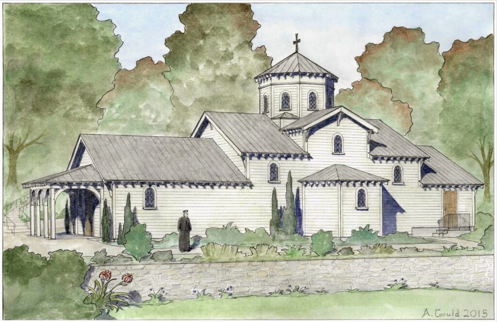 Proposed design for new chapel, Saint Gregory Palamas Greek Orthodox Monastery, Perrysville, Ohio. Designed and rendered by Andrew Gould.