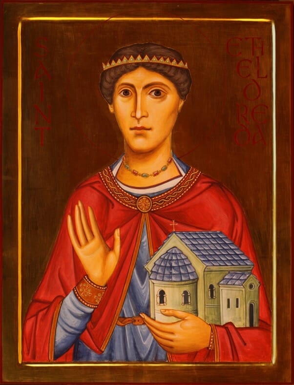 St Etheldreda of Hexham, by the author. In this icon I tried to import some elements from the above portrait, and from early iconography such as the 4th/5th century mosaics of the Rotunda, Thessaloniki.