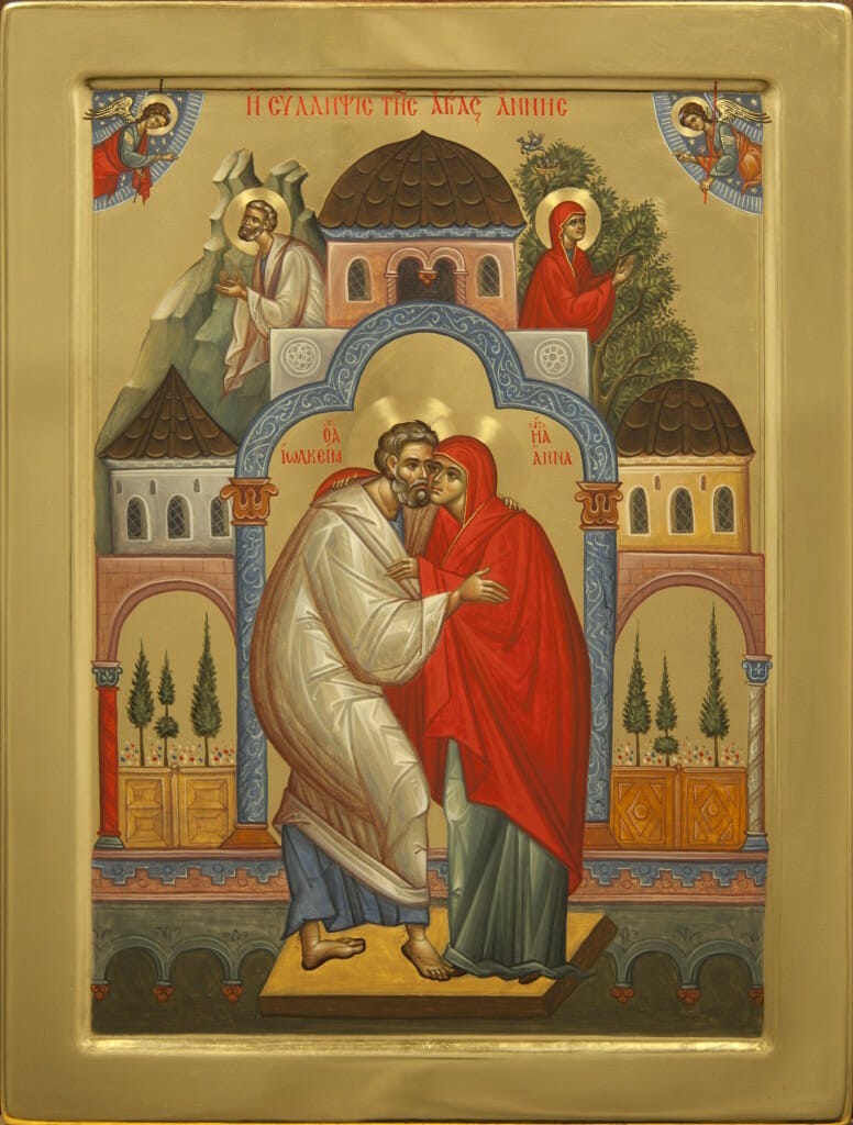 Ioachim and Anna. By Nun Olga, Rumania. An excellent example of an harmonious icon. The colours are rich but harmonious, the detail instructive but not distracting, and the design balanced without being rigid.