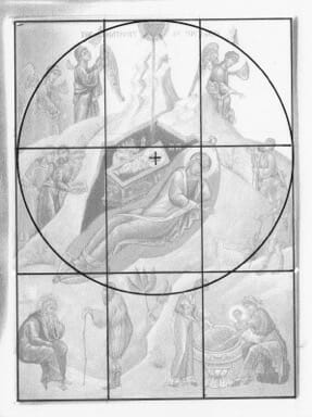( 22. The geometry underlying some icons of the Lord’s Nativity. The lower square contains the earthly participants, the semi-circle the heavenly, while Christ the divine Child is at the centre of the circle which encompasses representatives of all creation: rich, poor, angels and humans, male and female, animals, trees and rocks.)