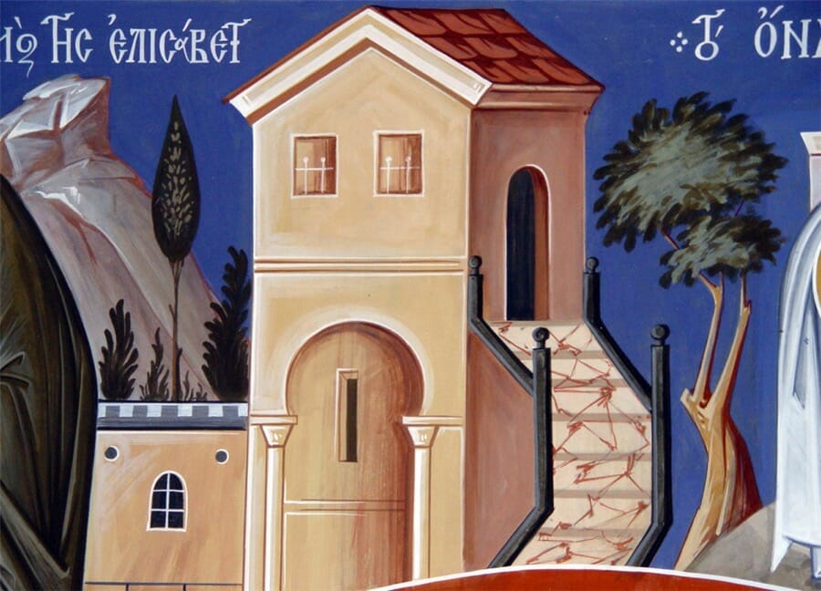Detail from a wall painting, showing some of the forms of perspective used in iconography: multi-view, inverse (the roof), enigmatic (the stairs). Simonopetra Monastery, Mount Athos, by Archimandrite Zenon.