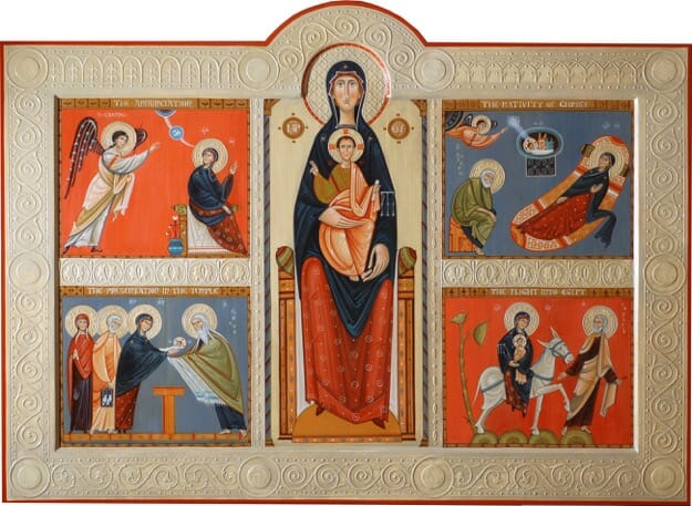 Feasts of the Virgin, by Phil Davydov and Olga Shalamova. This icon shows a very modern reduction of background detail and decoration to a minimum, whilst retaining the essential symbolic elements.